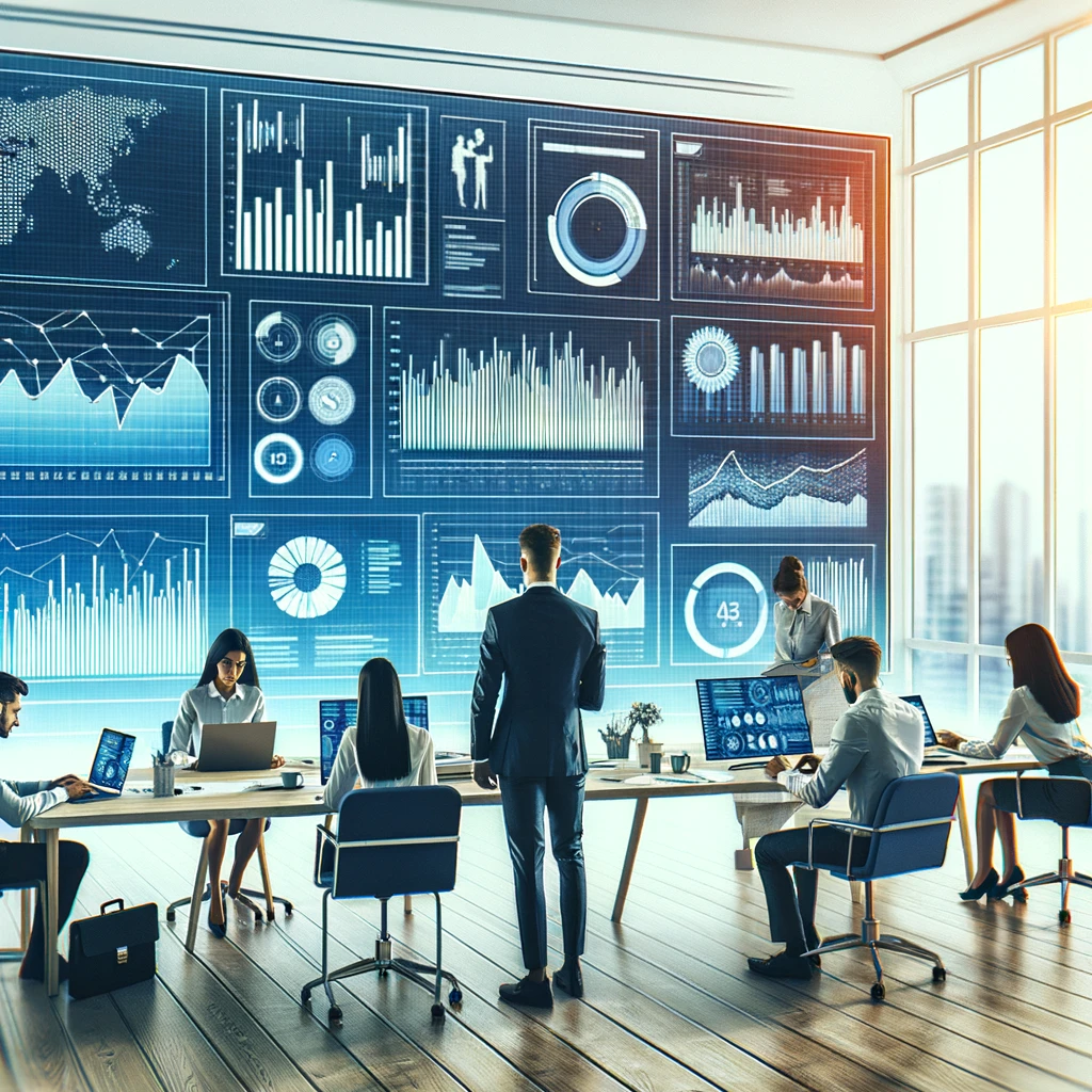 DALL·E-2024-06-02-22.30.44-A-team-of-analysts-working-in-a-bright-modern-office.-They-are-examining-charts-and-data-on-large-screens.-A-big-screen-or-whiteboard-with-graphs-and
